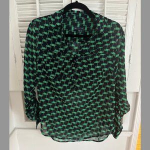 GAP Green/Black Geometric Print Sheer Button Up Blouse, Size M